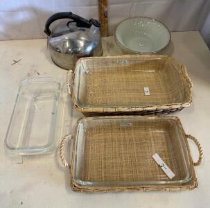Pyrex 213 Rectangular 3-Quart Glass Baking Dish with Wicker Baskets, Made in USA, Set of 2