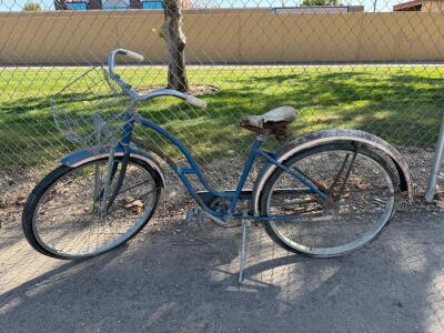 Vintage Women's Cruiser Bicycle, Single Speed, 26" Wheels, Steel Frame, Blue with Red/White Fenders