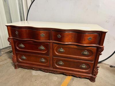 French Provincial Marble Top Dresser, 6 Drawers, Ornate Wood, Brass Handles, 62"x21"x36"