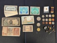 WWII Era World Banknotes & Coins Lot: Germany, France, Italy, Japan, UK, Canada, Pins Included