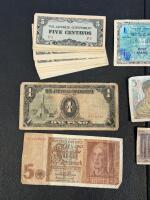 WWII Era World Banknotes & Coins Lot: Germany, France, Italy, Japan, UK, Canada, Pins Included - 2