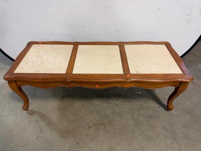 French Provincial Coffee Table with 3 Marble Inset Tiles, Cabriole Legs, Solid Wood Frame