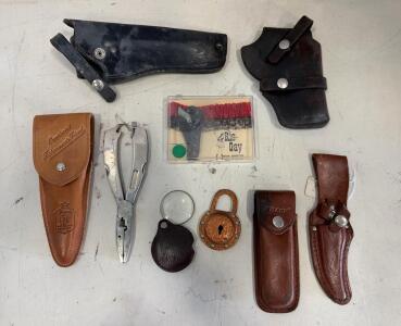 Vintage Utility & Collectible Lot: Leather Holsters, Overland Sheath, Ris-Gay Cap Gun, Tools