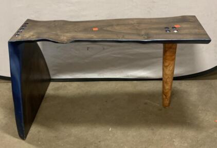 Handcrafted Live Edge Wooden Bench with Decorative Inlays and Mixed-Leg Design 35&rdquo;x18&rdquo;