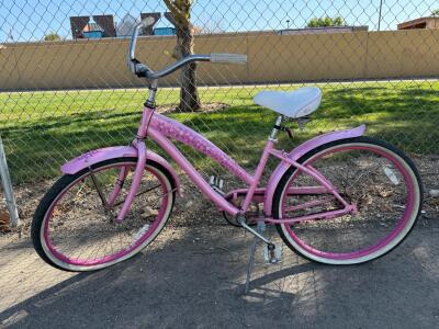 26" Pink Cruiser Bicycle with Floral Patterns, Single Speed, Coaster Brake, Full Fenders