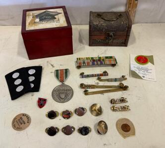 Vintage Military and Scouting Memorabilia Collection: Ribbons, ROTC Pins, Medals, Merit Badge Card