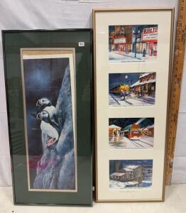 Jean Thielen Signed Racine Wisconsin Historic Scenes Print Collage & Puffins Framed Art Print