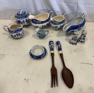Vintage Japanese Blue Willow Ironstone Tableware Set with Teapot, Creamers, Gravy Boats, and Utensils