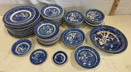Large Mixed Lot Vintage Blue Willow Plates & Bowls, England & Japan, Transferware, 60+ Pieces