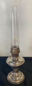Vintage Nickel-Plated Brass Tabletop Oil Lamp with Glass Chimney