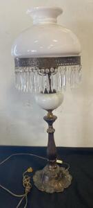 Vintage Milk Glass Table Lamp with Crystal Prisms, Ornate Brass Base, c.1940s-1960s, 35&rdquo; Tall - Working