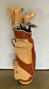 Vintage MacGregor Golf Club Set with Leather Bag, Includes Woods, Irons, Putter, and Headcovers