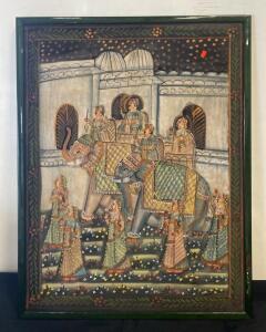 Hand-Painted Framed Indian Miniature, Royal Elephant Procession, Glossy Green Wood Frame 29&rdquo;x38&rdquo;