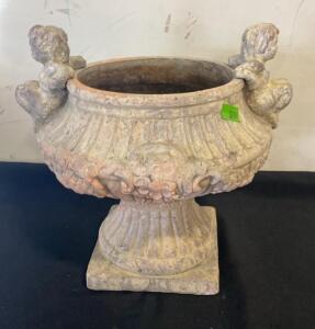 Antique-Style Concrete Garden Urn Planter with Cherub Figures, 14" Diameter, Square Base