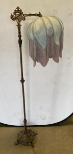 Antique Victorian Cast Iron Bridge Floor Lamp with Ornate Base and Fabric Shade 60&rdquo; - Working