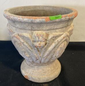 Vintage Cherub Concrete Garden Urn Planter, Classical Motif, Gray-Orange Patina, 10" Height