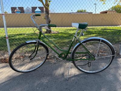 Vintage Schwinn Step-Through Green Cruiser Bike, 27" Wheels, Steel Frame, Chrome Fenders