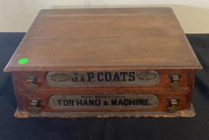 Antique J. & P. Coats Wooden Spool Cabinet with Sewing Contents, 2 Drawers, Original Hardware 20x15x7&rdquo;