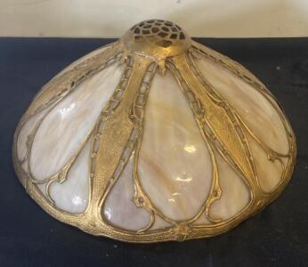 Antique 20" Art Nouveau Slag Glass Lamp Shade, 6-Panel, Ornate Filigree, Gold Metal Frame