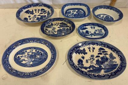 Mixed Makers Willow Pattern Blue & White Transferware Platters & Bowls, England USA Japan, 7-Piece