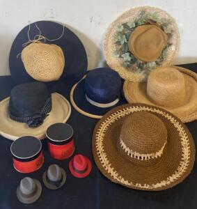 Vintage Women's Hat Collection: 10 Assorted Brimmed Hats with 3 Red Hat Boxes