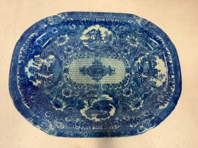 Antique English Blue and White Staffordshire Transferware Serving Platter, Lion/Unicorn Crest