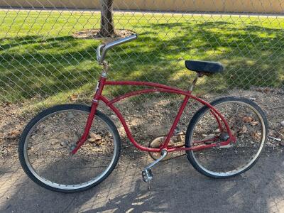 Vintage Red Cruiser Bicycle, 26" Wheels, Single-Speed, Coaster Brake, Steel Frame