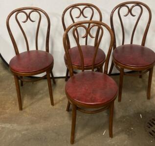 Set of 4 Vintage Bentwood Caf&eacute; Chairs with Red Vinyl Seats, Classic Thonet Style 15&rdquo; Tall