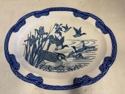 Blue and White Ceramic Serving Platter with Duck Scene and Scalloped Rim
