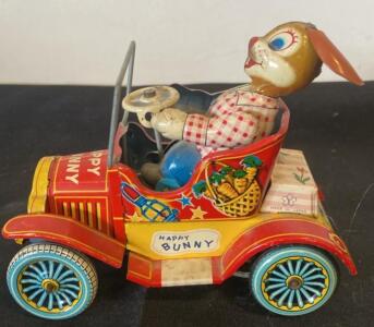Vintage Happy Bunny Tin Wind-Up Car, Made in Japan, 1950s, Lithographed, 7" Collectible Toy