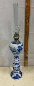 Blue Willow Pattern Ironstone Oil Lamp, 20.5" Tall, Ceramic Base, Made in China