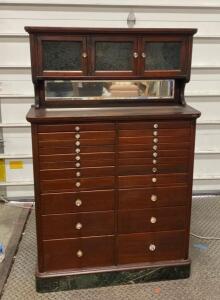 Antique Dental/Apothecary Cabinet, Mahogany, 16 Drawers, 3 Glass Doors, Mirror, Marble Base 63&rdquo;x40&rdquo;x13&rdquo;