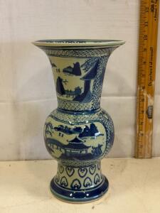 Chinese Blue & White Porcelain Trumpet Vase, Hand-Painted Landscape, 9" Tall