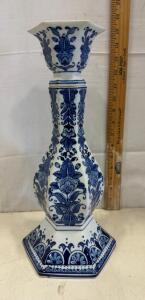 Hexagonal Delft Style Blue Floral Ceramic Candlestick Holder, 10.5" Tall, Hand-Painted