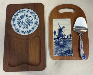 Vintage Dutch Teak Cheese Boards, Delft Blue Ceramic, Dolphin & Handpainted Holland, Cheese Slicer