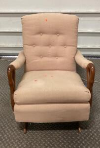 Vintage Upholstered Rocking Armchair with Tufted Back and Wooden Scroll Arms