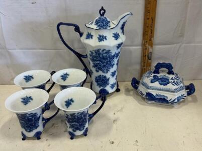 Blue and White Ironstone Coffee/Tea Set, 6 Pieces, Floral Footed Design, Lidded Pot & Sugar Bowl