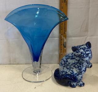 Hand Blown Blue Art Glass Fan Vase (10") & Blue White Ceramic Cat Figurine (5.5") Decorative Set