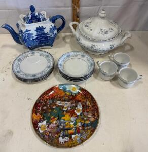 Noritake Blue Hill & Johann Haviland China Set w/ Tureen, Teapot, Collector Plate, 14 pcs