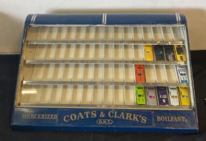 Vintage Coats & Clark's O.N.T. Thread Display Case with 12 Assorted 1:64 Scale Diecast Cars
