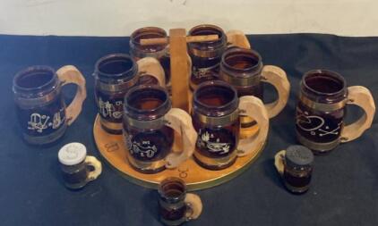 Vintage Cowboy Amber Glass Mug Set with Wood Handles, 8 Mugs, Salt & Pepper Shakers, Tray