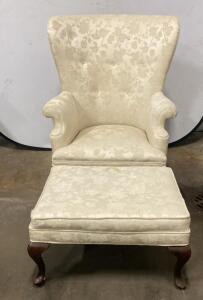Queen Anne Style Cream Floral Upholstered Armchair with Ottoman, Tufted Back, Scroll Arms