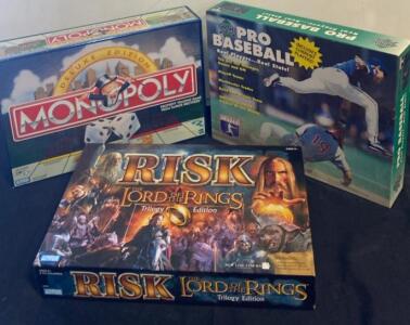 Monopoly Deluxe Edition, Risk LOTR Trilogy, APBA Pro Baseball Board Games (Boxed)