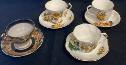 Royal Dover China Yellow Rose Bone China Teacup & Saucer Set, England, Gold Trim, 8 Pieces