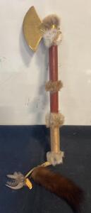 Decorative Native American-Style Tomahawk with Brass Blade, Fur, and Feather Accents