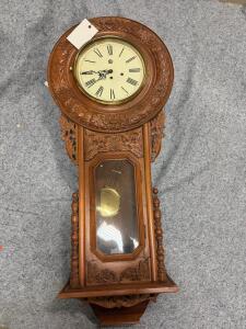 Antique Wall Clock 1880s Carved Oak Platform Escapement German/Austrian Style, Serial 21049