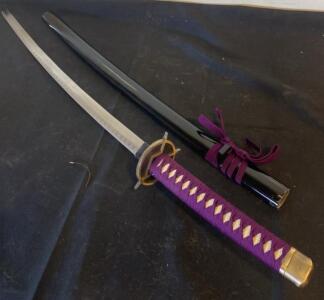 Japanese Katana Sword with Purple Ito and Gloss Black Saya