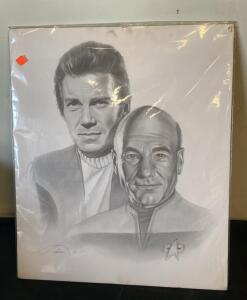 Star Trek Captains Kirk & Picard Portrait Art Print, Signed "Luke" 1994, 18x24 in, Unframed