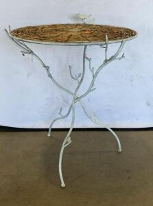 Metal and Wicker Round Bistro Table with Bird Motif, 18" x 18" x 22.6"