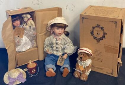 Boyd's Bears Yesterday's Child 14" Porcelain Dolls w/ Plush Bears, Hats, Boxes & Accessories